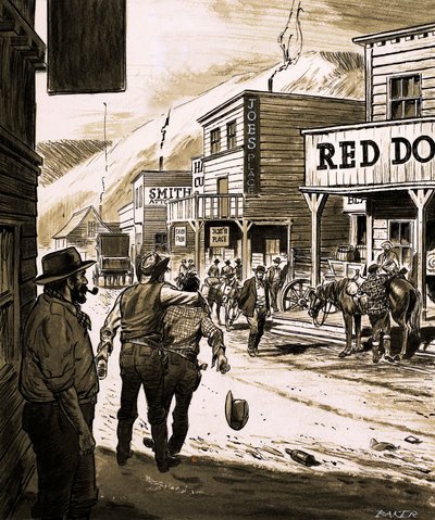 John Sutter oppdaget gull i Sacramento Valley og begynte det store gullrushet i California i 1847 (gouache på papir) av English School