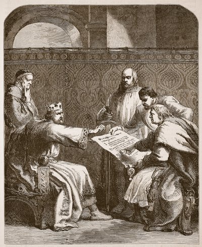 John nekter å signere artiklene til baronene, illustrasjon fra Cassells Illustrated History of England (sepiafoto) av English School