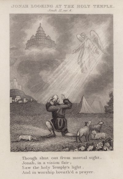 Jonas ser på det hellige tempel, Jonah II, ver 4 (gravering) av English School