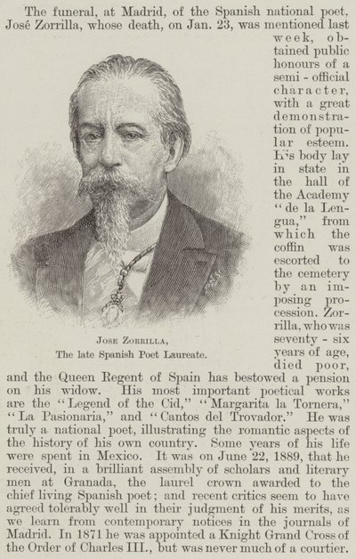 Jose Zorrilla, den avdøde spanske poetprisvinneren (gravering) av English School