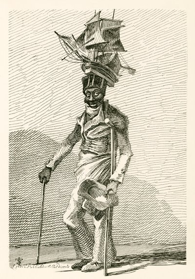 Joseph Johnson, ein schwarzer Seemann, mit einem Modell des Schiffs Nelson auf seiner Mütze von English School