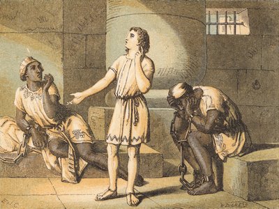 Joseph i fengsel (farget gravering) av English School