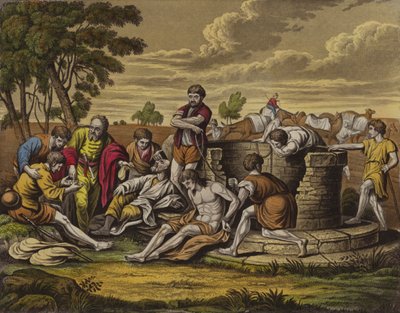 Josef selges til Egypt (farge litho) av English School