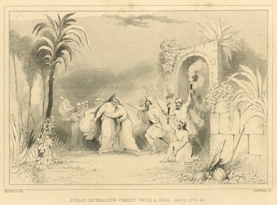 Judas forråder Kristus med et kyss, Matteus XXVI, 49 (gravering) av English School