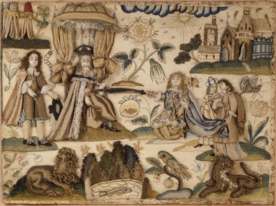 Kong Ahasverus og dronning Ester, ca. 1660 (silke, metallgarn og husblas) av English School