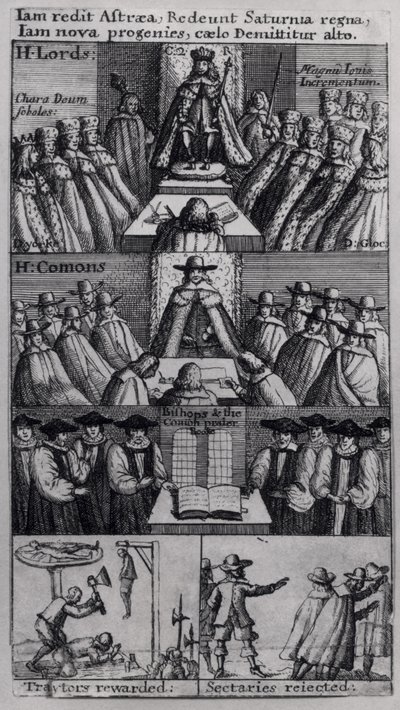 Kong Charles II (1630-85) med parlamentets hus, 1660 av English School