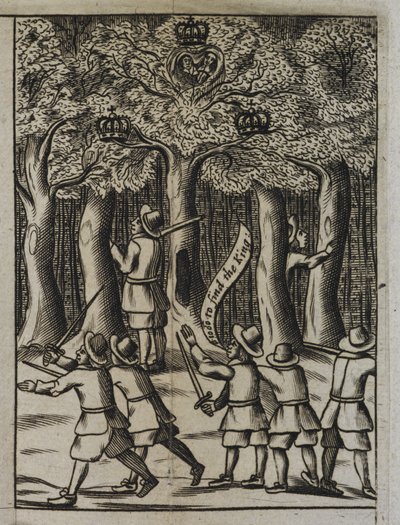 Kong Charles II gjemmer seg i Boscobel Woods, fra "The History of his Sacred Majesties most Wonderfull Preservation, after the Battle of Worcester" av English School