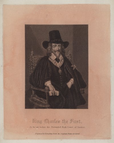 König Karl I., wie er vor dem angeblichen Hohen Gerichtshof saß (Gravur) von English School
