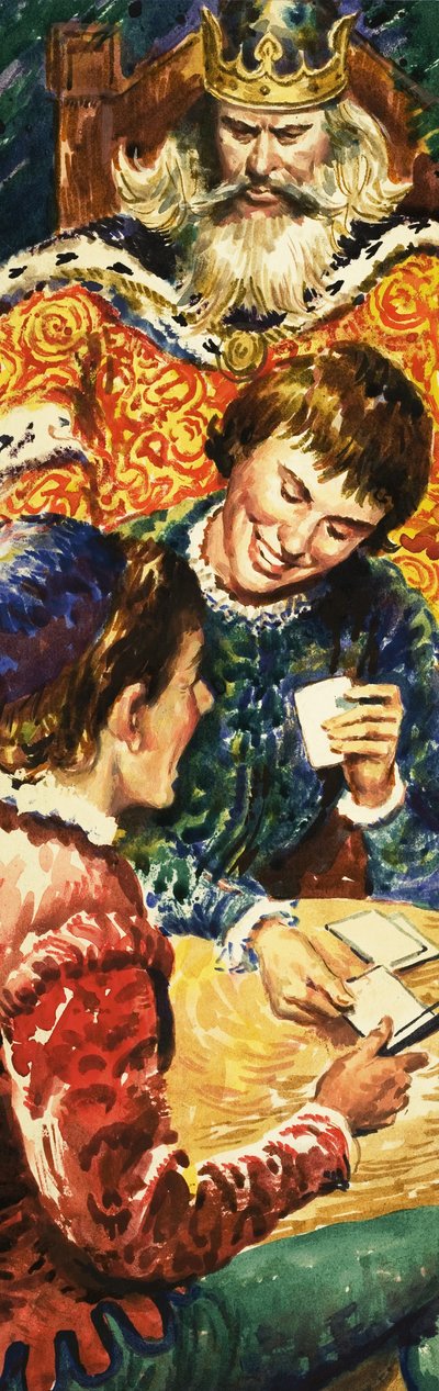 Kong Edward I våker over sønnen Edward og hans følgesvenn Piers Gaveston av English School