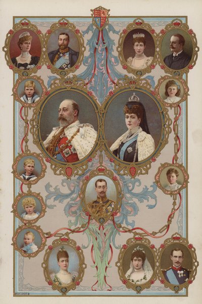 Kong Edward VII, dronning Alexandra og deres barn og barnebarn (farge litho) av English School