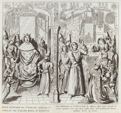 Kong Edward den 3. sender sin utfordring til Philip de Valois, kongen av Frankrike, biskopen av Lincoln og andre, som hadde sverget å bære en lapp over det ene øyet, inntil de hadde utført en galunt gjerning av A av English School