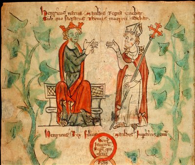 Kong Henry II satt på tronen og kranglet med Thomas Becket, illustrasjon fra 