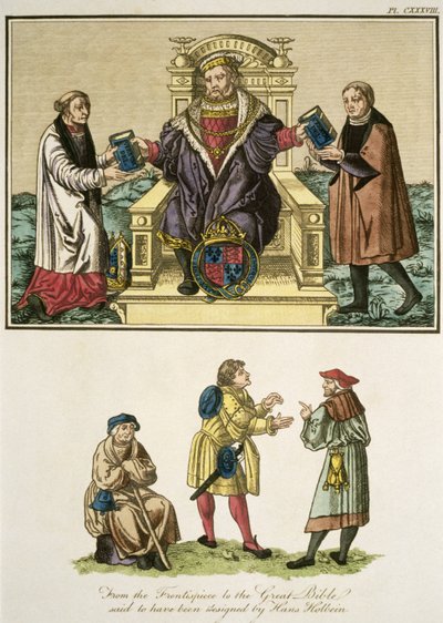 Kong Henry VIII (1491-1547) fra frontispicen til Den Store Bibelen sies å ha blitt designet av Hans Holbein (14978-1543) illustrasjon fra The Complete View of the Dress and Habits of the People o av English School