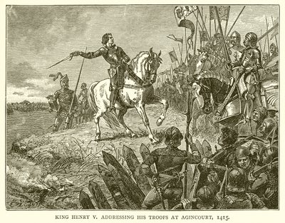 Kong Henry V henvendte seg til troppene sine ved Agincourt, 1415 av English School