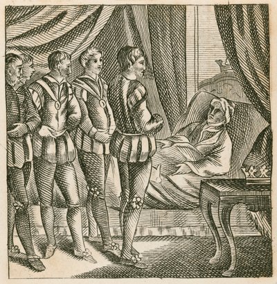 Kong Henry V leverer sin siste vilje til hertugen av Bedford av English School
