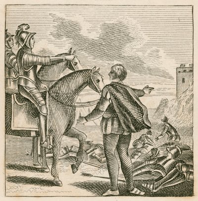 Kong Henry V ser på slagmarken etter franskmennenes nederlag ved Agincourt av English School