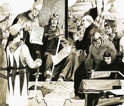 Kong John forbereder seg på å signere Magna Carta på Runnymede av English School
