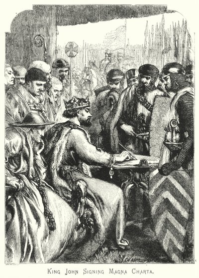 Kong John signerer Magna Charta (gravering) av English School