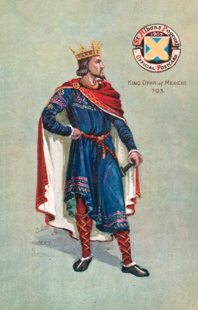 Kong Offa av Mercia 793, St Albans Pageant 1907 (farge litho) av English School