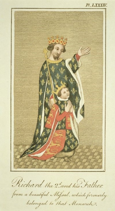 Kong Richard II (1367-1400) med sin far Edward (1330-76) den svarte prinsen, illustrasjon fra The Complete View of the Dress and Habits of the People of England bind II, utgitt 1799 (farget av English School