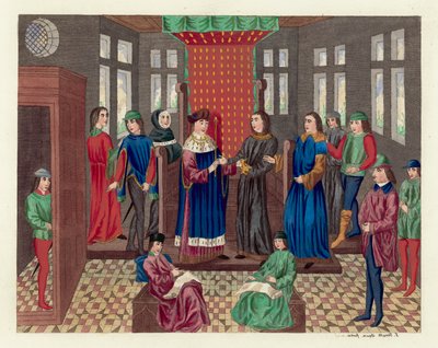 Kong Richard II sier opp sin krone og stat (farget gravering) av English School