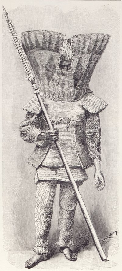 Kingsmill Islander i full rustning, fra The History of Mankind, Vol.1, av Prof, Friedrich Ratzel, 1896 av English School