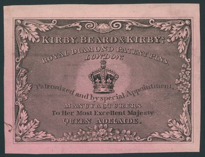 Kirby, Beard and Kirby, Royal Diamond Patent Pins, handelskort av English School
