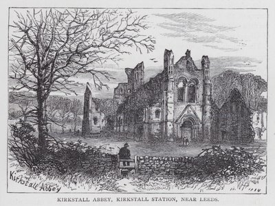 Kirkstall Abbey, Kirkstall Station, nær Leeds (gravering) av English School