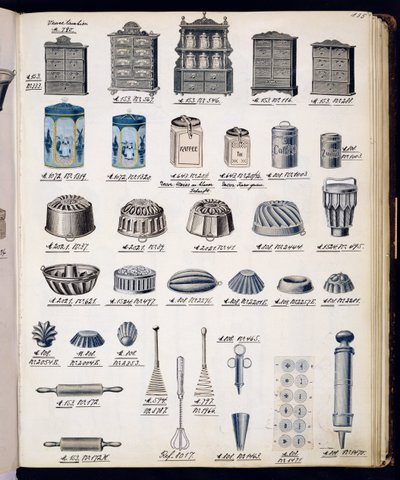 Kjøkkenoppbevaring og redskaper fra en handelskatalog over husholdningsvarer og beslag, ca. 1890-1910 av English School