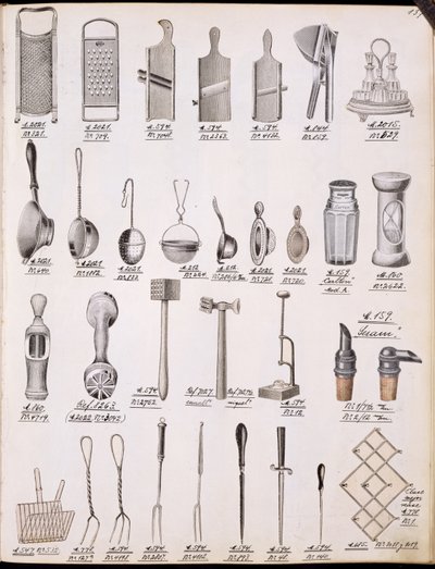 Kjøkkenutstyr, fra en handelskatalog over husholdningsvarer og tilbehør, ca. 1890-1910 av English School