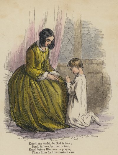 Knel barnet mitt, for Gud er her; Bøy deg, i kjærlighet, men ikke i frykt; Knel foran ham nå i bønn, takk ham for hans konstante omsorg (farget gravering) av English School