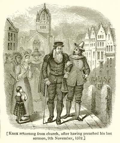 Knox på vei tilbake fra kirken etter å ha holdt sin siste preken, 9. november 1572 av English School