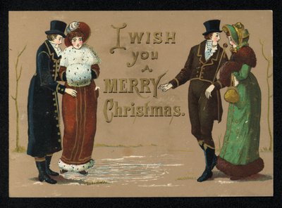 Mine damer og herrer i vinterklærne, julehilsen. (chromolitho) av English School