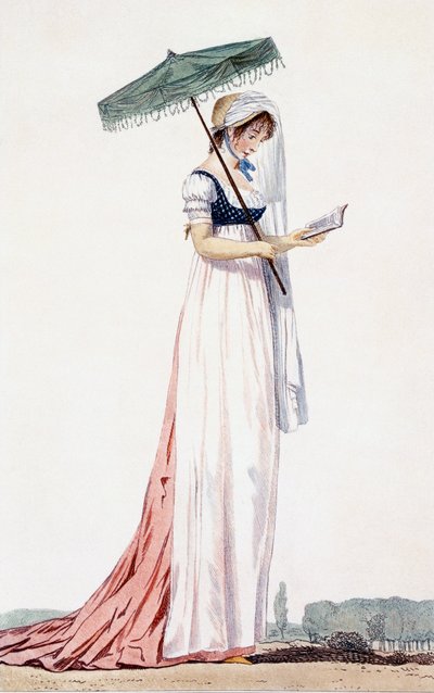 Elegant sommerkjole for damer med parasoll, fra Delacourt, 1770 (fargegravering) av English School
