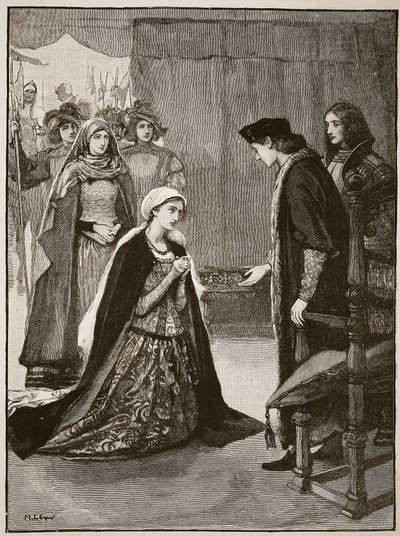 Lady Catherine Gordon før Henry VII, illustrasjon fra Cassells Illustrated History of England (sepiafoto) av English School