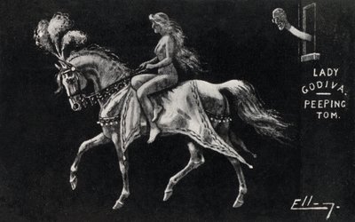 Lady Godiva rir naken på hesteryggen gjennom gatene i Coventry, overvåket av en Peeping Tom (litho) av English School