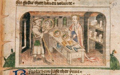 Lady Hagiography viser en pilegrim hennes utstilling av salver og toalettartikler, illustrasjon fra den engelske oversettelsen av 