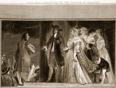 Lady Mary presenterte til Prince of Orange, illustrasjon fra David Humes The History of England, pub. av R. Bowyer, London, 1812 av English School