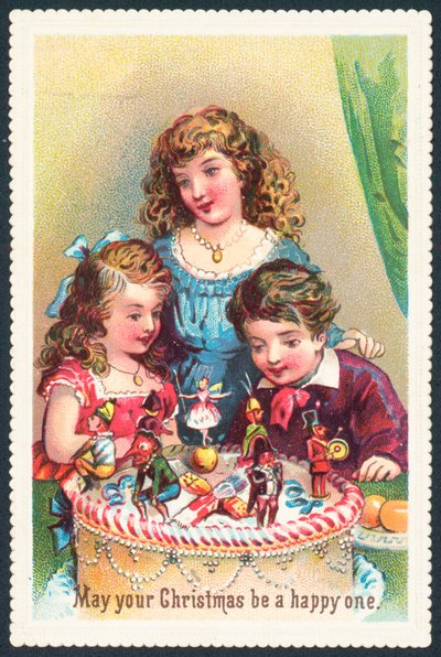 Dame og barn som beundrer julekake, julekort av English School