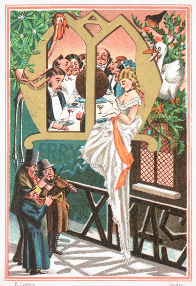 Dame blir serenadet av musikere, julekort av English School