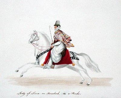 Lady of Lima til hest i en poncho av English School