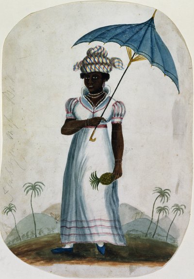 Dame med en parasoll og en ananas, ca. 1840 (wc på papir) av English School