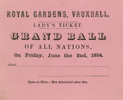 Ladys-billett, Vauxhall Gardens, London, for 2. juni 1854 av English School
