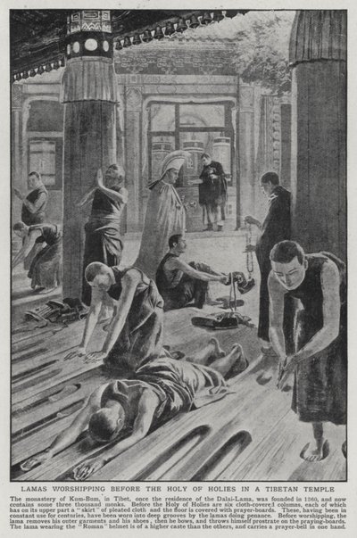 Lamaer som tilber foran Det aller helligste i et tibetansk tempel (litho) av English School