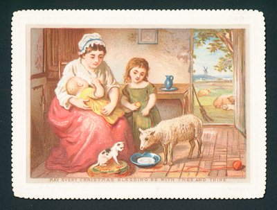 Lamm trinkt Milch in der Küche, Weihnachtskarte von English School