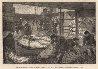 Lander australsk frossent kjøtt i South West India Dock, Millwall av English School