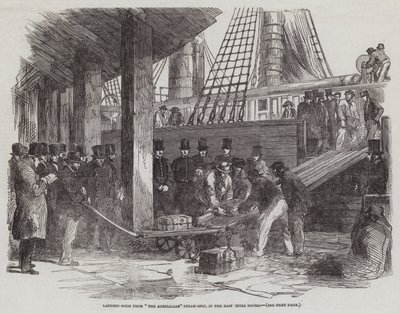 Lander gull fra "The Australian" Steam-Ship, i East India Docks (gravering) av English School