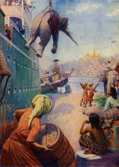 Landing av elefanter i Burma (fargelitografi) av English School