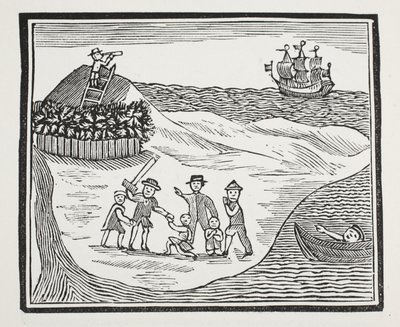 Landing of Mutinous Crew on Island, illustrasjon fra Chap-books of the Eighteenth Century av John Ashton, pub. 1882 av English School