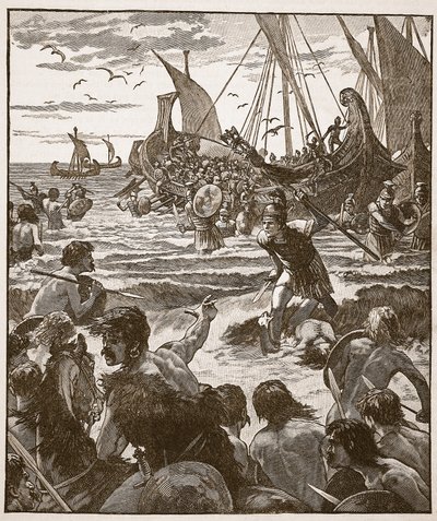 Landing av romerne på kysten av Kent, illustrasjon fra Cassells Illustrated History of England (sepia-bilde) av English School